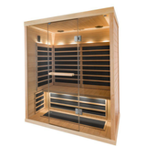 Infrarotkabine aus Hemlock-Holz mit rahmenloser Glasfront und Heizstäben, moderne Wellness-Kabine mit geschlossenem Design
