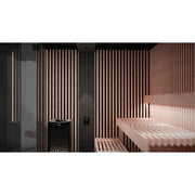 Modernes Saunakabineninneres der Tylö Reflection RIB mit vertikalen Holzlatten in Erle, durchgehenden Sitzbänken und integriertem Saunaofen in minimalistischem Design.