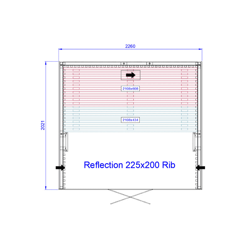 Maßzeichnung der Tylö Saunakabine Reflection 225x200 Rib mit Abmessungen 2260x2021 mm und Rippenfüllung in Aufsicht