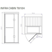 Maßzeichnung der Tylö Infrarotkabine INFRA CABIN T810H mit Frontal- und Seitenansicht, Abmessungen 913 x 1937 mm, Glastür und Infrarotstrahler sichtbar