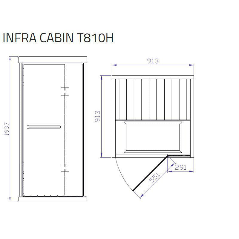 Maßzeichnung der Tylö Infrarotkabine INFRA CABIN T810H mit Frontal- und Seitenansicht, Abmessungen 913 x 1937 mm, Glastür und Infrarotstrahler sichtbar