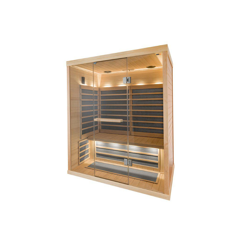 Tylö Infrarotkabine Tylösand 810–870 H aus Holz mit Glastüren, Infrarotstrahler und LED-Beleuchtung, Vorderansicht