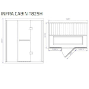 Maßzeichnung der Infra Cabin T825H Infrarotkabine mit Frontalansicht und Draufsicht, Abmessungen 1937 x 1633 x 538,5 mm