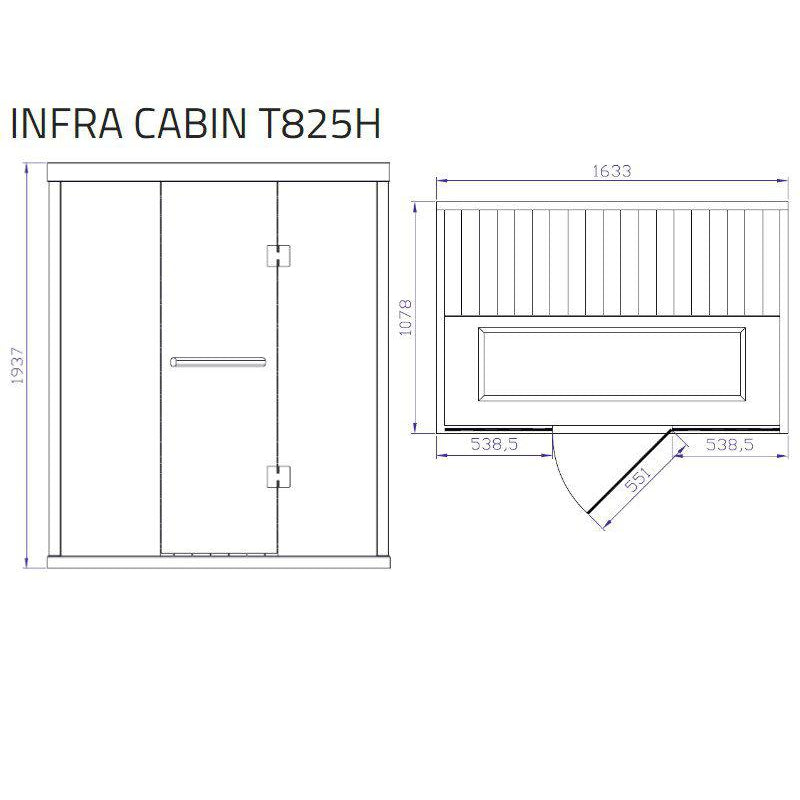Maßzeichnung der Infra Cabin T825H Infrarotkabine mit Frontalansicht und Draufsicht, Abmessungen 1937 x 1633 x 538,5 mm