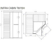 Maßzeichnung der INFRA CABIN T870H Infrarotkabine von Tylö mit Front- und Draufsicht, zeigt Abmessungen und Innenlayout mit Infrarot-Flächenstrahlern