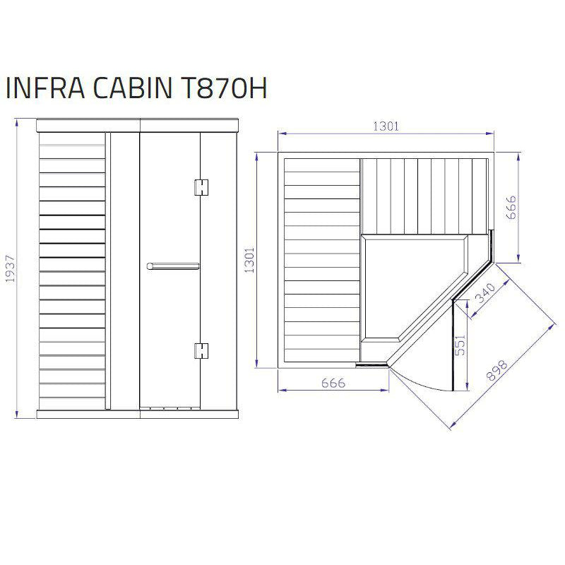 Maßzeichnung der INFRA CABIN T870H Infrarotkabine von Tylö mit Front- und Draufsicht, zeigt Abmessungen und Innenlayout mit Infrarot-Flächenstrahlern
