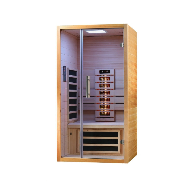 Kompakte Infrarotkabine Sunlight 90 mit Glastür, LED-Licht und Flächenheizung – perfekt für zuhause oder Wellnessbereich.