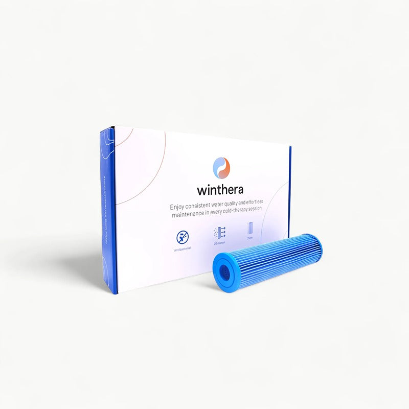 Einzelner Winthera Filter vor Markenverpackung – moderne Produktpräsentation mit Fokus auf Reinheit und Qualität.