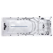 Draufsicht auf Platinum Spas Zelus Swim Spa mit geriffeltem Wellness-Becken, Massagedüsen und Kontrollpanel in Weiß