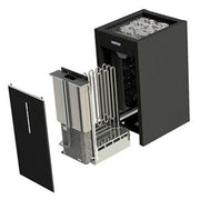 EAGO AWT E1623XL Sauna-Saunaofen mit Steinen, geöffnete Ansicht mit Bedienfeld und Verkleidungselementen