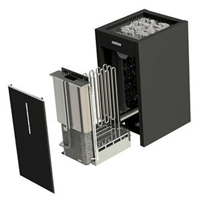 EAGO AWT E1623XL Sauna-Saunaofen mit Steinen, geöffnete Ansicht mit Bedienfeld und Verkleidungselementen