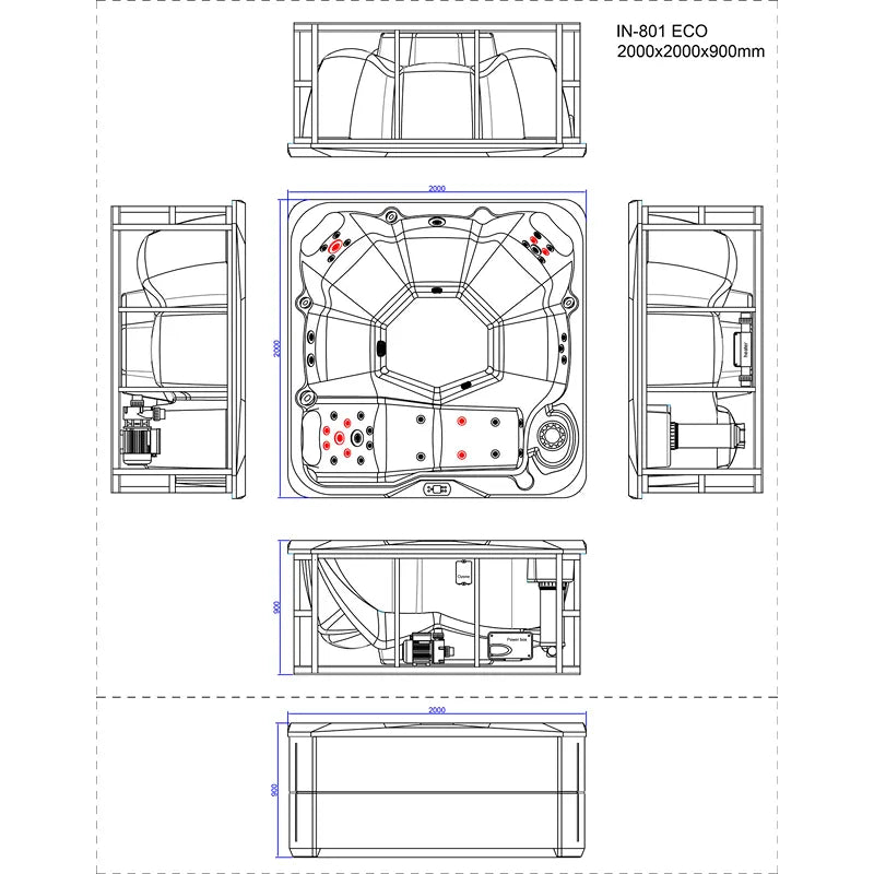 AWT Außenwhirlpool IN-801 eco Sterling Silver 200x200 – Technische Zeichnung mit Draufsicht, Seitenansichten und Grundriss