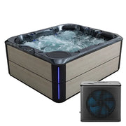 AWT Außenwhirlpool IN-802 mit Wärmepumpe CloudyBlack, eckiger Whirlpool mit schwarzem Rand und beigem Holzdekor, sprudelndem Wasser und separat abgebildeter Wärmepumpe