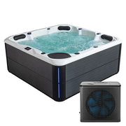 AWT Außenwhirlpool IN-802 mit Wärmepumpe CloudyBlack, schwarzes Modell mit weißem Rand und Wärmepumpenanlage