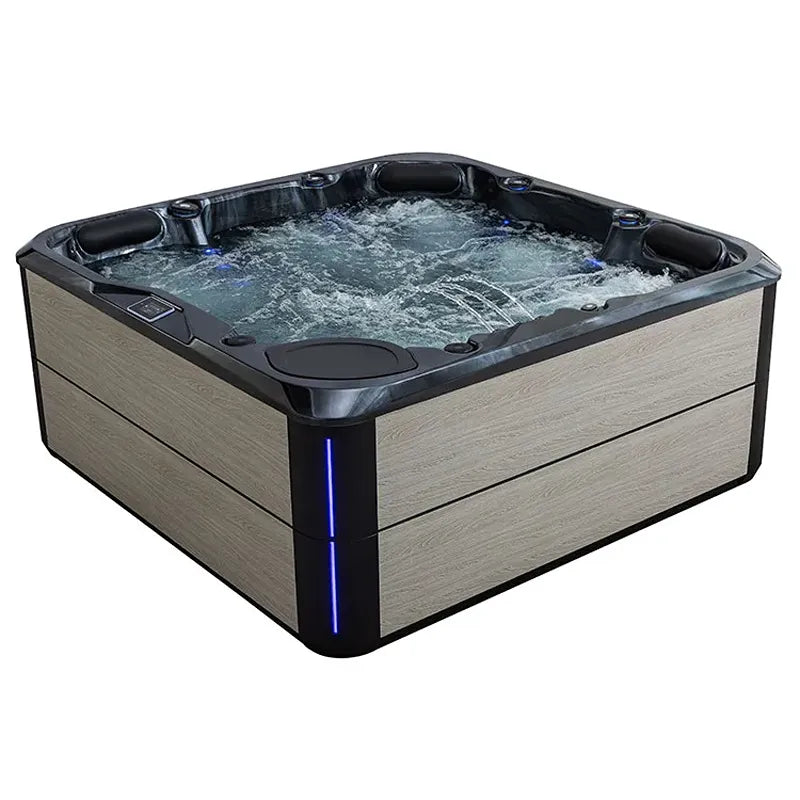 AWT Außenwhirlpool IN-802 mit Wärmepumpe CloudyBlack, sprudelndes Wasser, holzoptische Verkleidung