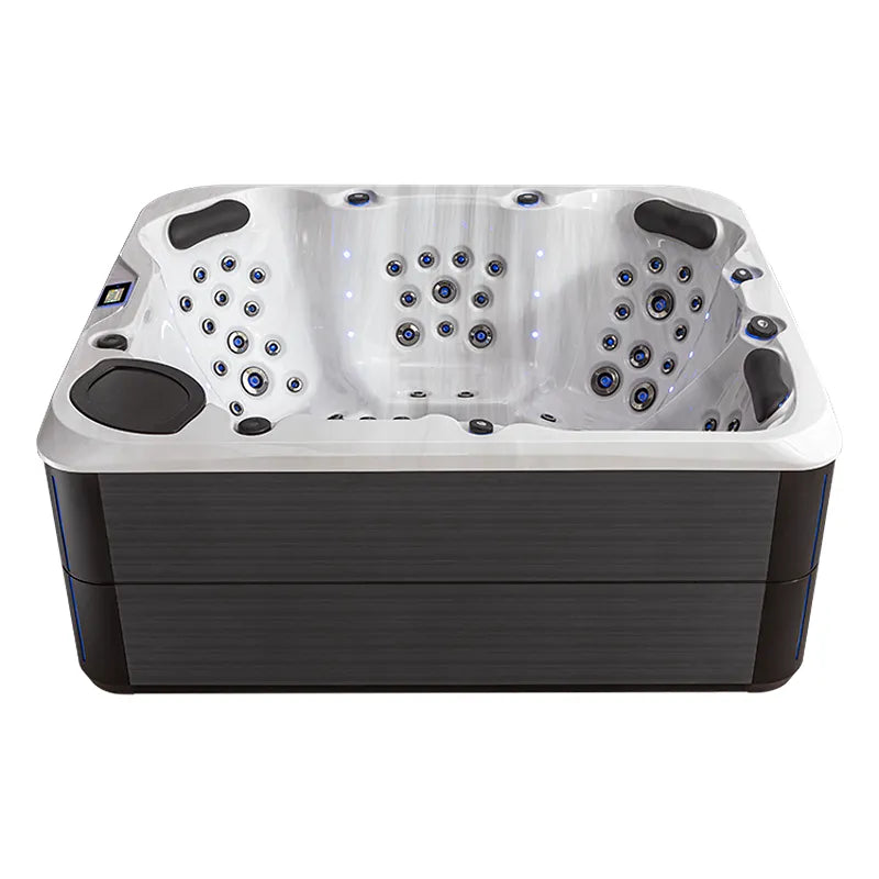 AWT Außenwhirlpool IN-804 mit Wärmepumpe Sterling Silver von oben, silbernes Becken mit Düsen und schwarzem Rahmen