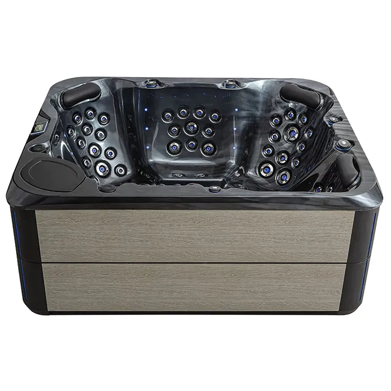 AWT Außenwhirlpool IN-804 mit Wärmepumpe Sterling Silver von oben mit schwarzem Becken und heller Holzverkleidung