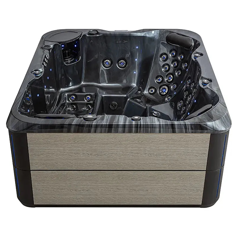 AWT Außenwhirlpool IN-804 mit Wärmepumpe Sterling Silver mit schwarzem Innenraum und Holzverkleidung, Draufsicht