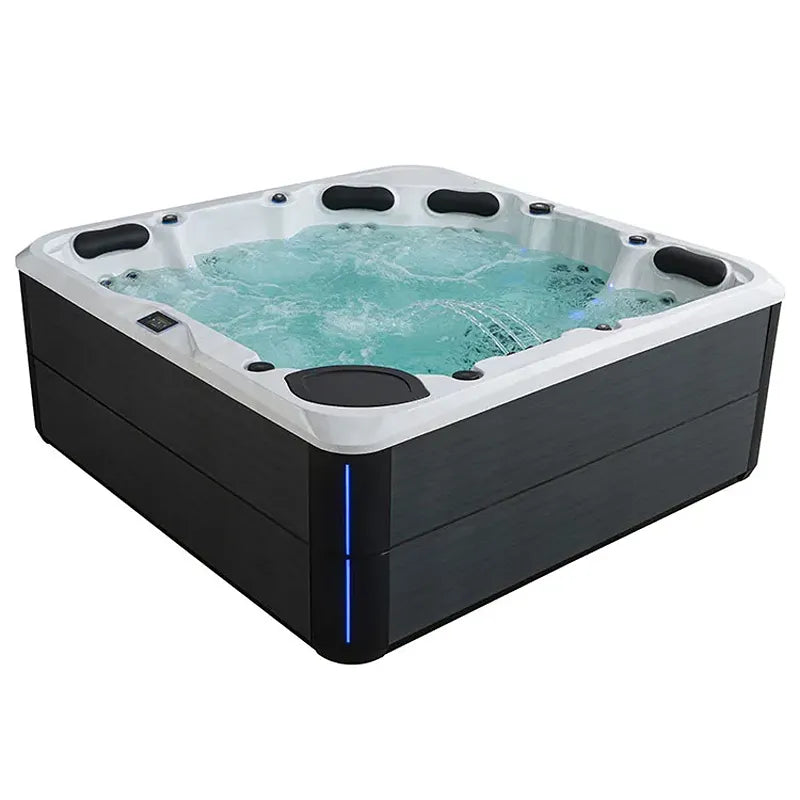 AWT Außenwhirlpool IN-803 extreme 235x235 mit weißer Oberseite, schwarzem Unterkasten und türkisfarbenem Wasser