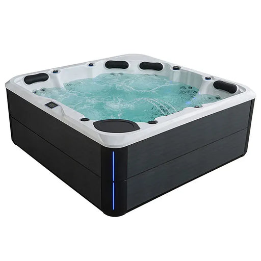 AWT Außenwhirlpool IN-803 extreme 235x235 mit weißer Oberseite, schwarzem Unterkasten und türkisfarbenem Wasser