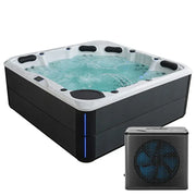 AWT Außenwhirlpool IN-803 extreme 235x235 mit weißem Rand, schwarzem Körper, türkisem Wasser und Wärmepumpe