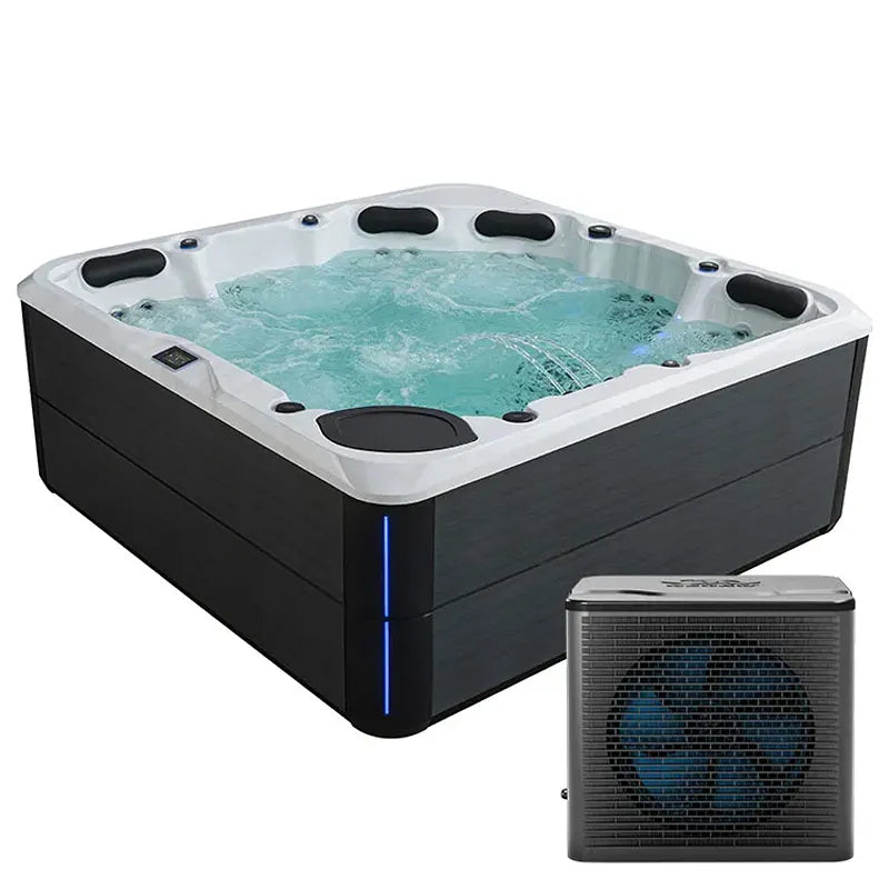 AWT Außenwhirlpool IN-803 extreme 235x235 mit weißem Rand, schwarzem Körper, türkisem Wasser und Wärmepumpe