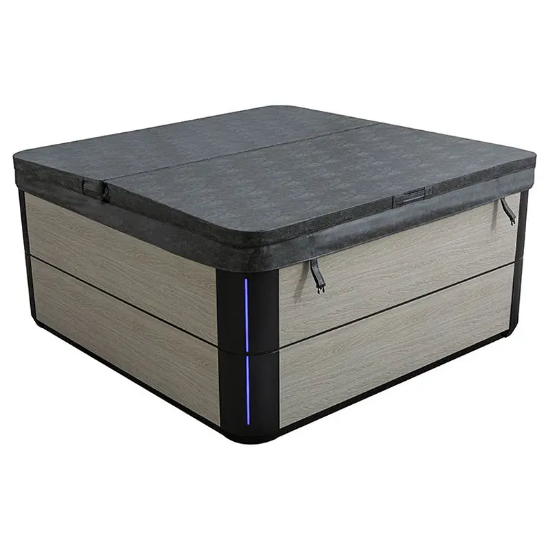 AWT Außenwhirlpool IN-803 extreme 235x235 mit grauer Abdeckung und Sterling-Silver-Holzoptik, Draufsicht