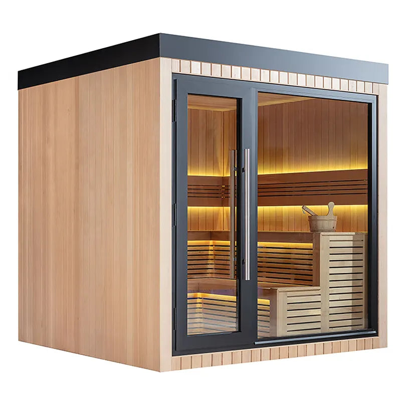AWT THE CUBE X4 Hemlock 235x235 Gartensauna mit Glastüren, Holzbänken und LED-Beleuchtung im Garten