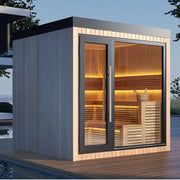 AWT THE CUBE X4 Hemlock 235x235 Gartensauna mit Holzverkleidung, schwarzem Dach und beleuchteten Glastüren