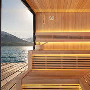 AWT THE CUBE X4 Hemlock 235x235 Gartensauna mit Holzbänken, Seeblick und Berglandschaft