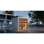 AWT THE CUBE X4 Hemlock 235x235 Gartensauna mit Glastüren und Holzbänken auf Terrasse neben Pool