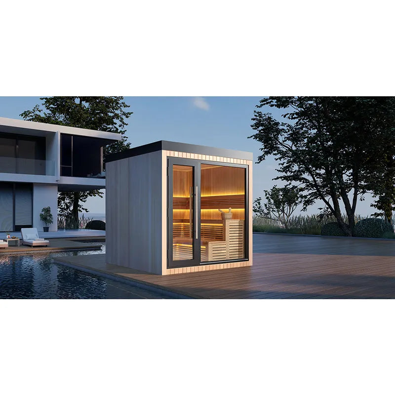 AWT THE CUBE X4 Hemlock 235x235 Gartensauna mit Glastüren und Holzbänken auf Terrasse neben Pool