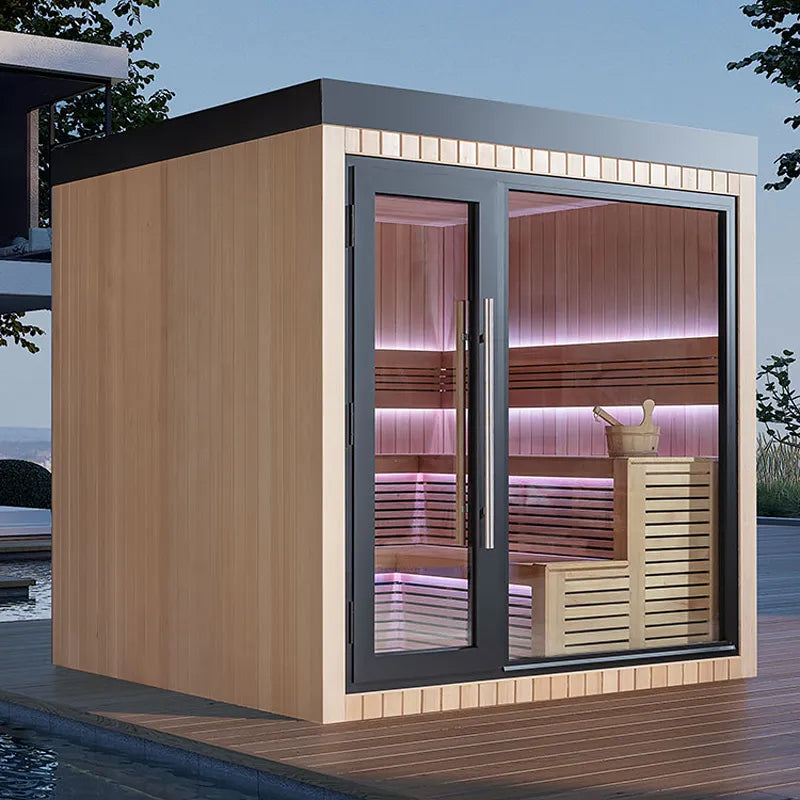 AWT THE CUBE X4 Hemlock 235x235 Gartensauna Innenraum mit Holzbänken und LED-Beleuchtung