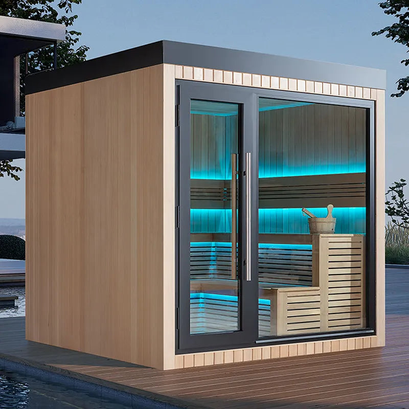 AWT THE CUBE X4 Hemlock 235x235 Gartensauna Innenraum mit Holzbänken und LED-Beleuchtung