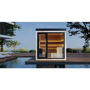 AWT THE CUBE X4 Hemlock 235x235 Gartensauna Innenraum mit LED-Beleuchtung und Holzbänken