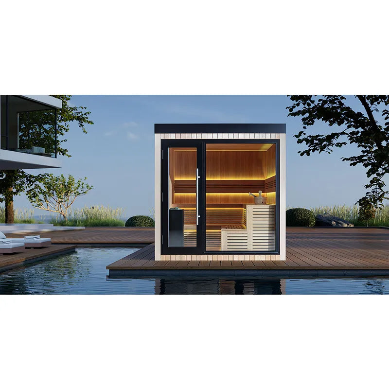 AWT THE CUBE X4 Hemlock 235x235 Gartensauna Innenraum mit LED-Beleuchtung und Holzbänken