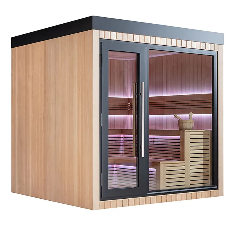 AWT THE CUBE X4 Hemlock 235x235 Gartensauna mit Holzverkleidung, LED-Beleuchtung und Glastüren am Wasser