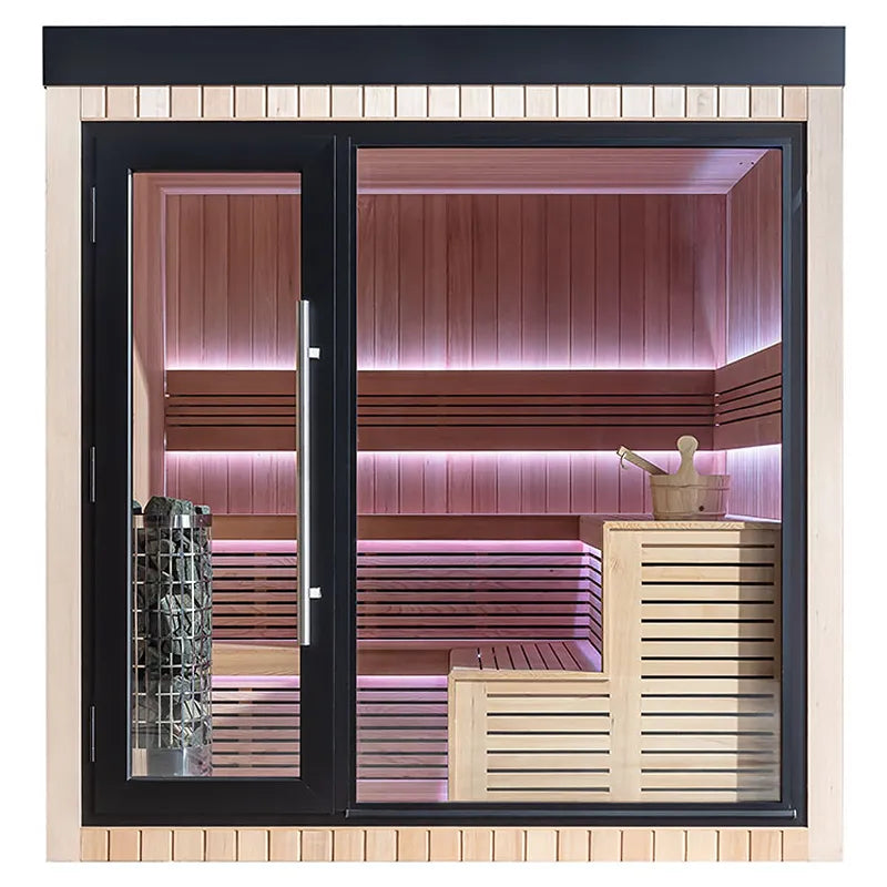 AWT THE CUBE X4 Hemlock 235x235 Gartensauna mit Hemlock-Holz, beleuchteter Innenraum und Holzbänken im Garten