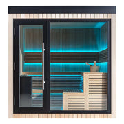 AWT THE CUBE X4 Hemlock 235x235 Gartensauna Innenansicht mit Saunaofen, Steinen und Holzrost von oben