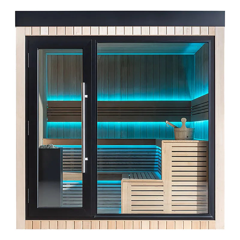 AWT THE CUBE X4 Hemlock 235x235 Gartensauna Innenansicht mit Saunaofen, Steinen und Holzrost von oben