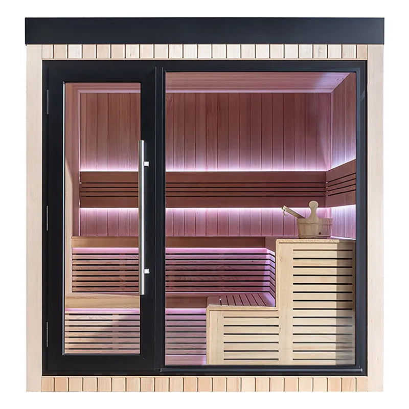AWT THE CUBE X4 Hemlock 235x235 Gartensauna mit Holzverkleidung am Pool, beleuchtet, modernes Design