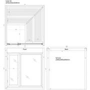 AWT THE CUBE X4 Hemlock 235x235 Gartensauna Grundriss mit Maßangaben und Frontansicht