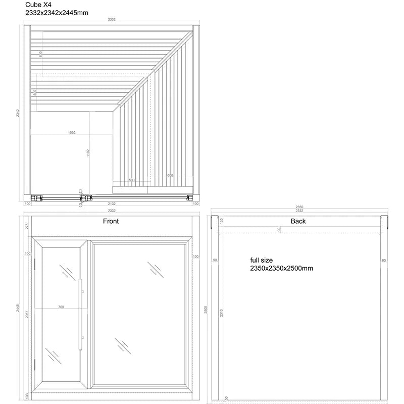 AWT THE CUBE X4 Hemlock 235x235 Gartensauna Grundriss mit Maßangaben und Frontansicht