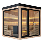 AWT THE CUBE X5-L Hemlock 235x235 Gartensauna mit Holzverkleidung, LED-Beleuchtung und Glaspaneelen auf Holzterrasse