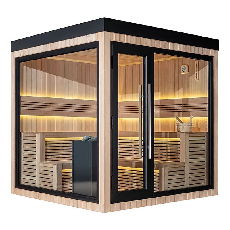 AWT THE CUBE X5-L Hemlock 235x235 Gartensauna mit Holzverkleidung, LED-Beleuchtung und Glaspaneelen auf Holzterrasse