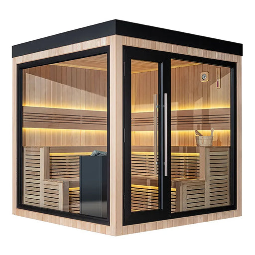 AWT THE CUBE X5-L Hemlock 235x235 Gartensauna mit Holzverkleidung, LED-Beleuchtung und Glaspaneelen auf Holzterrasse