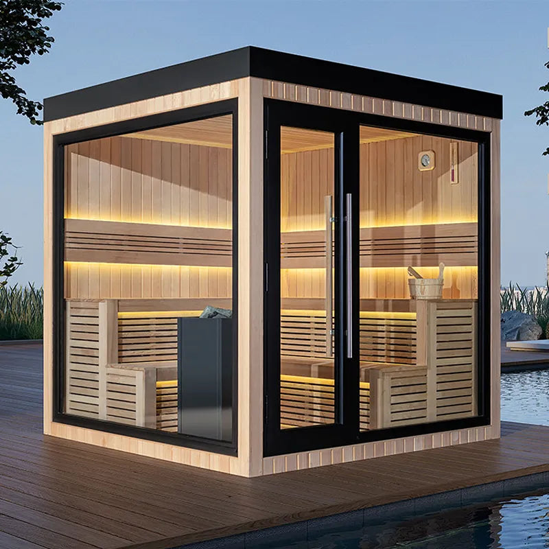 AWT THE CUBE X5-L Hemlock 235x235 Gartensauna mit Hemlock-Holz, schwarzem Rahmen, Glastüren und LED-Beleuchtung