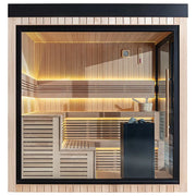 AWT THE CUBE X5-L Hemlock 235x235 Gartensauna Innenansicht mit Holzbänken und LED-Beleuchtung