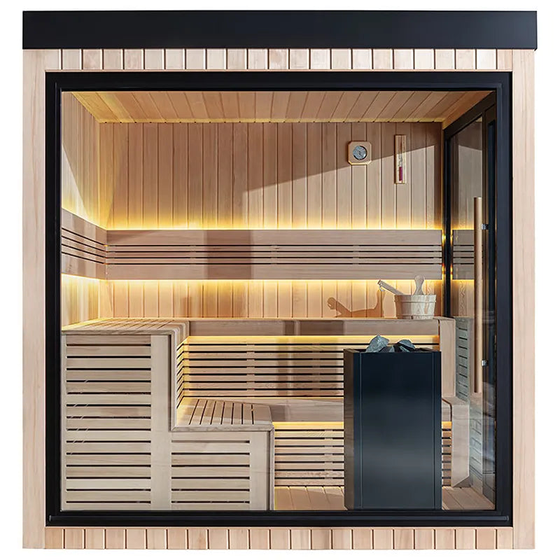 AWT THE CUBE X5-L Hemlock 235x235 Gartensauna Innenansicht mit Holzbänken und LED-Beleuchtung