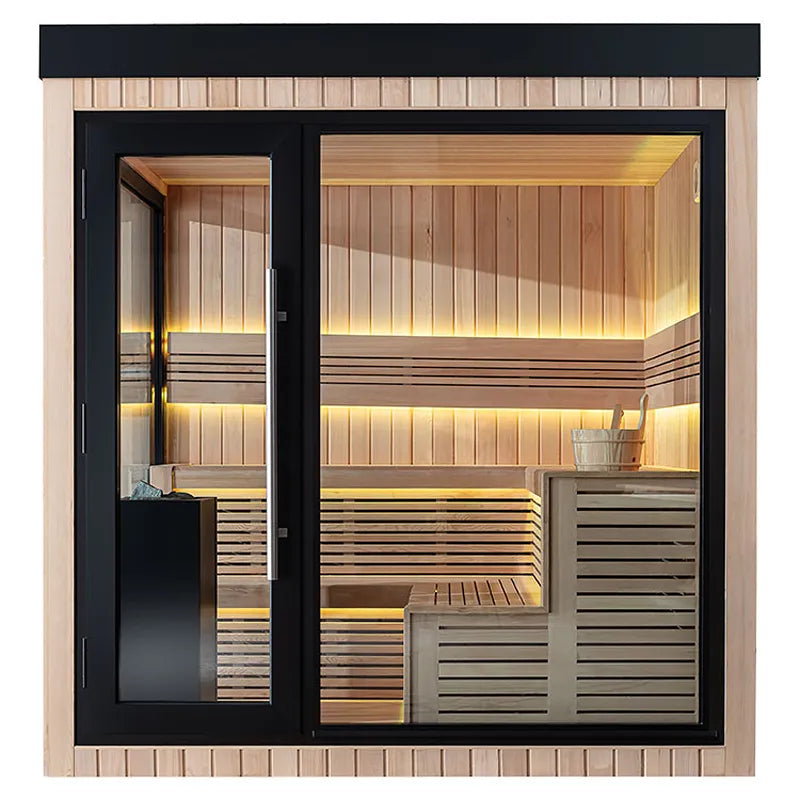 AWT THE CUBE X5-L Hemlock 235x235 Gartensauna mit schwarzem Rahmen, Holzinnenausstattung und LED-Beleuchtung